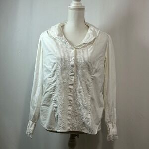 Elegant White Cotton‎ Lace Trimmed Pintuck Blouse Women's Medium